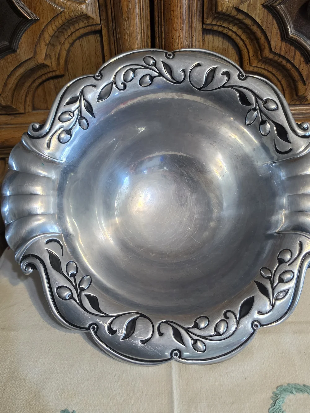 Lenox Pewter Salad Serving Bowl featuring a distinct Olive Branch pattern